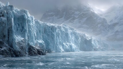 Enormous awe-inspiring light blue ice wall of a majestic glacier meets the freezing ocean water, displaying an intricately cracked surface.