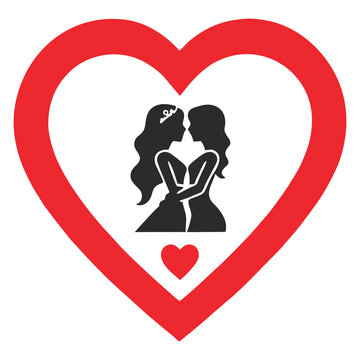 Silhouette of a Lesbian Bridal Couple Inside a Red Heart for Wedding Graphics
