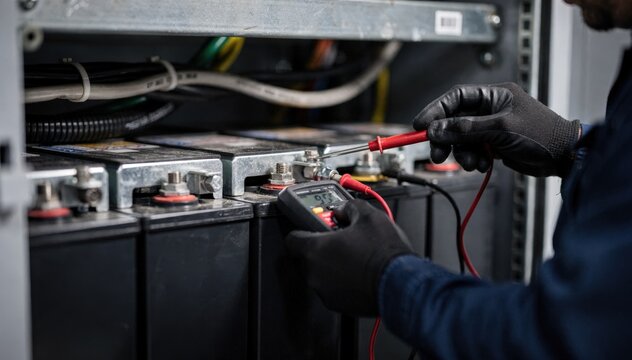 Technician measuring voltage on telecom rack batteries inside a confined equipment shelter with clear focus on battery terminals and outoffocus cables.