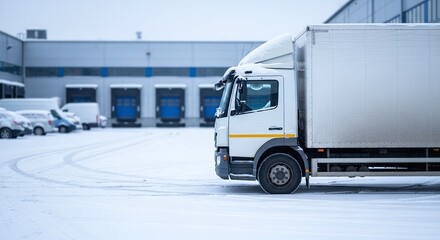 Fototapeta premium Delivery Truck Parked in Snow-Covered Warehouse Yard During Winter