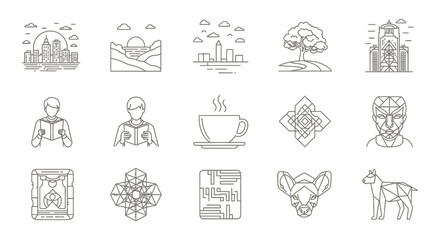 collection of minimalist line art icons depicting cityscapes nature people reading coffee and geometric animals perfect for diverse design projects.