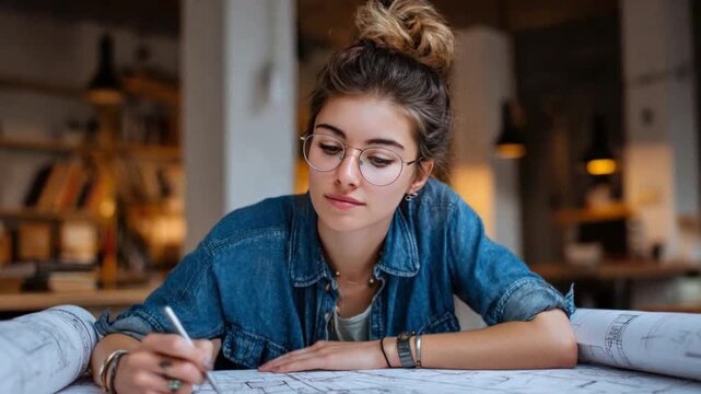 Focused Vision: A dedicated female architect, engrossed in her work, meticulously examines architectural blueprints, her glasses reflecting her unwavering concentration. 