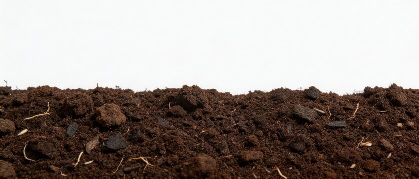  Cross section of rich brown soil isolated on a white background. Gardening and agriculture panoramic banner with copy space