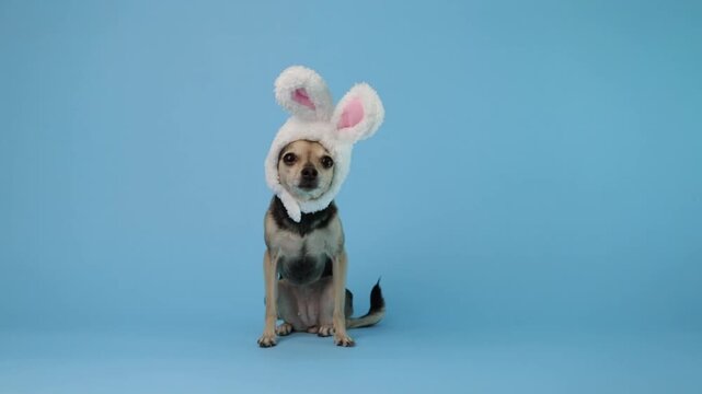 easter celebration, small dog in bunny ears, festive holiday background