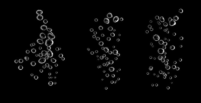 Air bubbles rising underwater isolated on black background, oxygen flow in clear water, abstract aquatic texture, sparkling bubble stream, carbonation effect, high contrast studio shot.