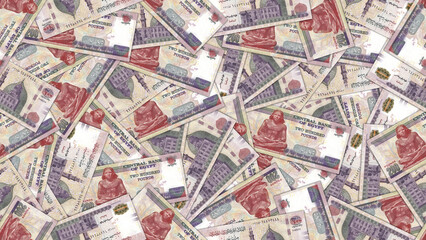Seamless pattern. Financial illustration. Many scattered egyptian 200 pound banknotes. Obverse and reverse. Money of Arab Republic of Egypt. Two hundred pounds. Economic texture. Wallpaper