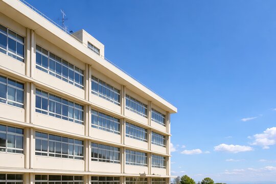快晴の青空の下にそびえ立つ清潔感のある白い校舎と窓が並ぶ学校ビルの外観写真