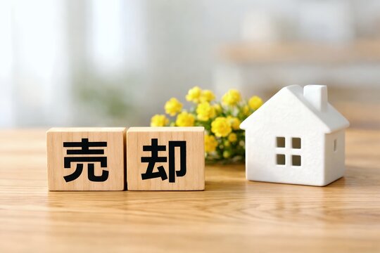 木製の積み木で売却の文字を作り白い家の模型と黄色い花を並べた不動産売却のイメージ写真
