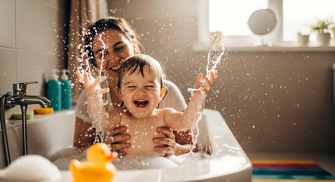 A joyful mother and baby splashing water during a fun bath time in a bright bathroom.