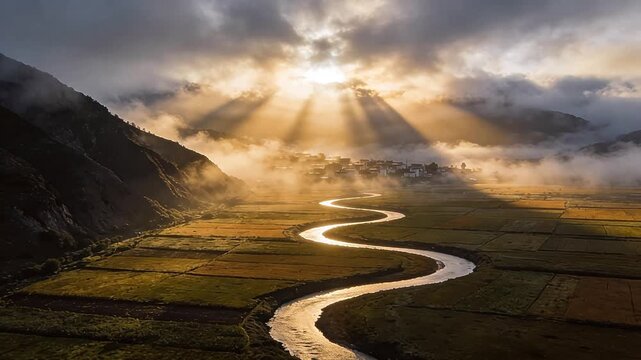 Terraced rice fields with winding river and sun rays through mist