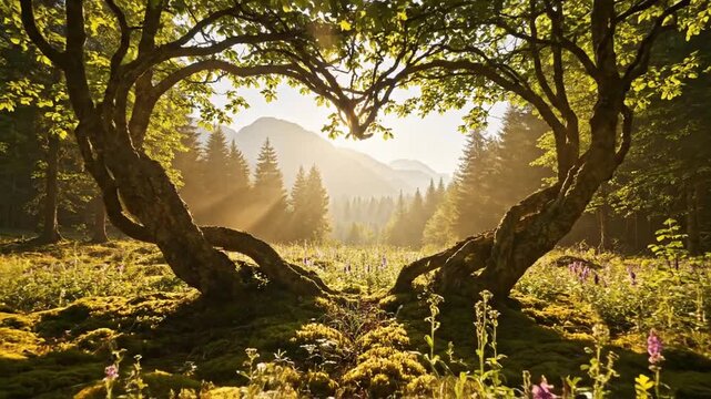 Delicate luminous heart-shaped tree form bathed in sunbeams in a lush wildflower meadow