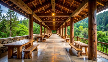 Fototapeta premium Long wooden veranda with benches overlooking green forest landscape creating tranquil travel lodge atmosphere outdoor architecture