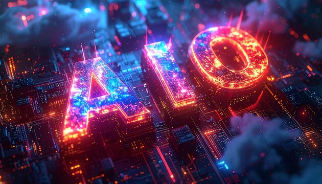Vibrant futuristic AIO typography glowing in neon colors representing artificial intelligence optimization future