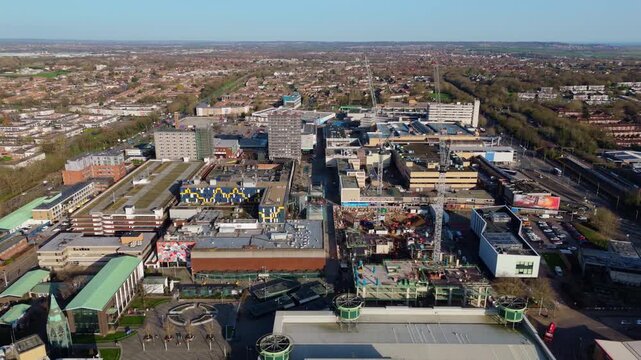 A high angle drone shot of the cityscape of Basildon in the United Kingdom