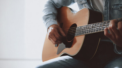 Fototapeta premium A close-up of a person strumming an acoustic guitar, showcasing passion and creativity in music.