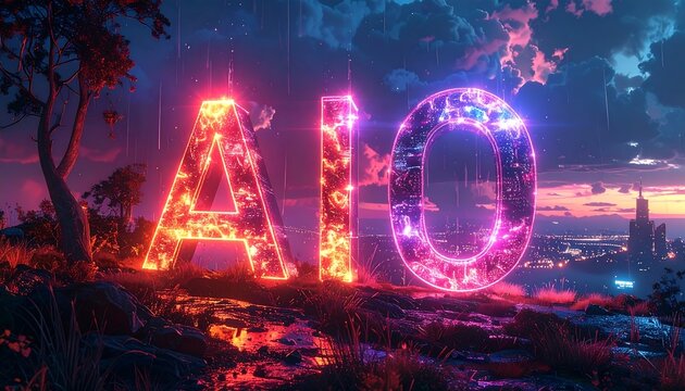 Large glowing AIO letters in futuristic landscape symbolizing artificial intelligence optimization era