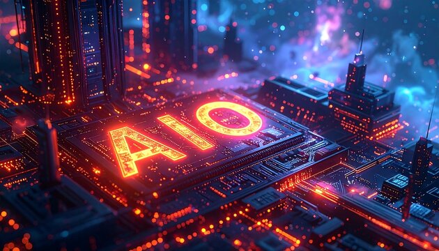 Aerial view of glowing AIO text integrated into digital cityscape symbolizing AI optimization and future SEO