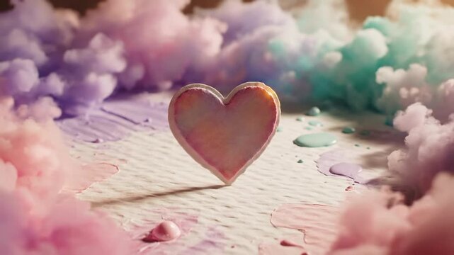 Delicate pink pastel feather standing on textured surface amid colorful cloudlike vapors