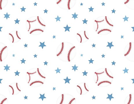 Simple pattern features baseballs with red stitching and blue stars, all repeating on white