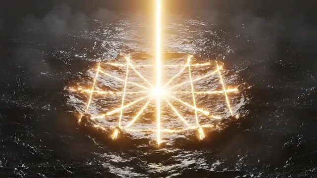 Glowing geometric pattern on water surface with bright light rays from above in a mystical environment