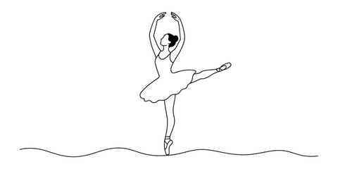 Minimalist line drawing of a graceful ballerina performing a classic dance pose on pointe. Vector, illustration © Bobita