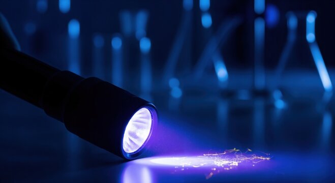 Forensic Investigator Using UV Light to Find Trace Evidence in Crime Lab
