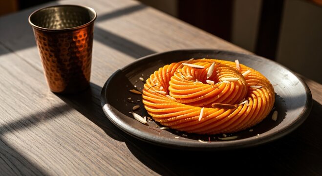 Traditional Indian Imarti Sweet with Saffron and Almonds on Clay Plate