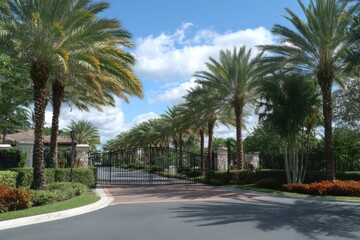 Fototapeta premium Gated Residential Community Entrance with Palm-Lined Roads
