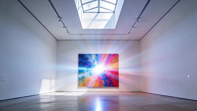 Radiating abstract painting on white wall with soft lighting in modern gallery