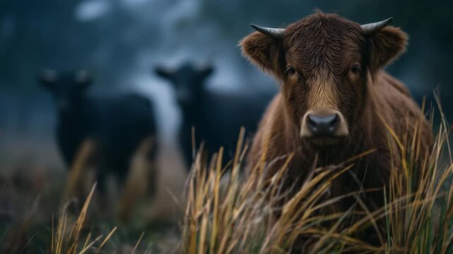 23Faceless cattle standing in pasture during winter, farmer tending livestock and providing feed, frosty grass field and muted countryside tones, ethical animal husbandry and sustain