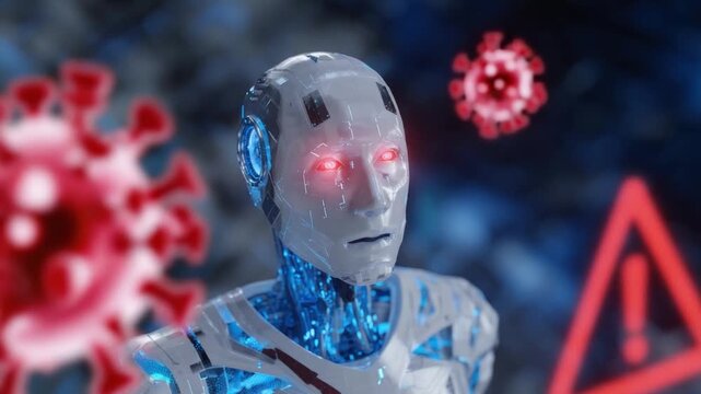 Robot's Pandemic Vigil: A futuristic robot stands guard amidst a symbolic representation of a viral threat, with warning signs, its glowing eyes fixated on the looming danger.
