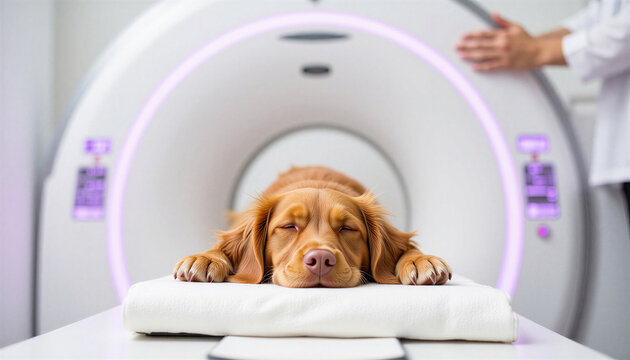 Dog resting on examination table during CT scan in veterinary clinic  