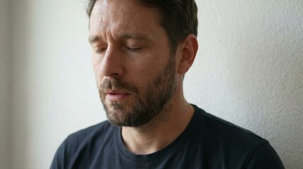 Fototapeta premium Man Standing With Eyes Closed in overwhelmed mood at home interior