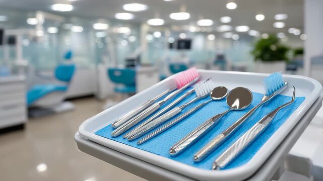 142Close-up of dental instruments neatly arranged on tray in a bright clinic, dentistry service concept, sterile and organized environment, modern oral health treatment facility, clea