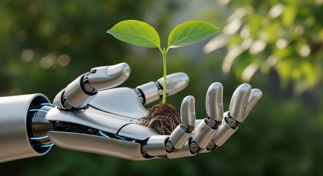 Robotic Hand Holding a Growing Plant