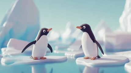 Fototapeta premium Two adorable cartoon penguins stand on icy floes in a serene arctic landscape. Soft pastel colors and simple shapes create a charming and whimsical scene