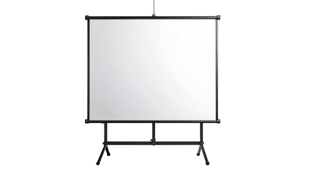 A white rectangular projection screen stands on a black tripod against a dark background