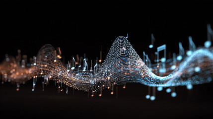 Fototapeta na wymiar Abstract digital sound wave motion with shimmering music notes floating on a dark background.