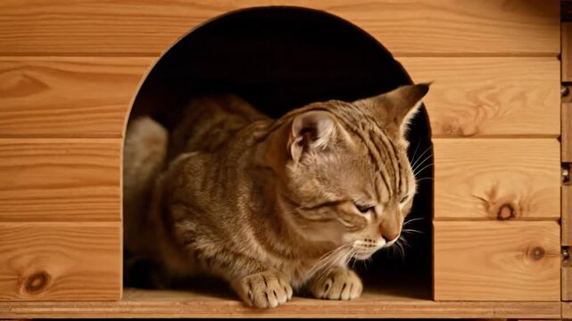 A tabby cat looks out from a wooden cat house with a slightly annoyed expression