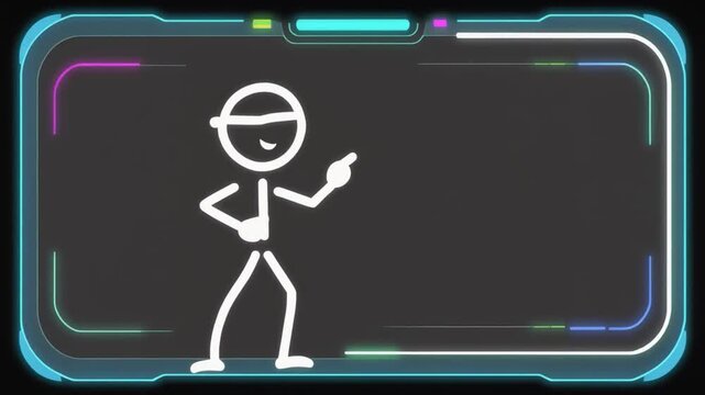 Stick figure in boxing pose within a futuristic digital interface with multi-colored neon accents fighting