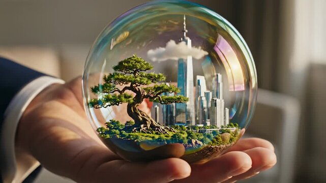 Miniature World in a Bubble Held in a Hand.