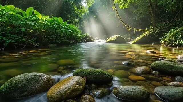 Serene Forest Stream with Rocks and Foliage.