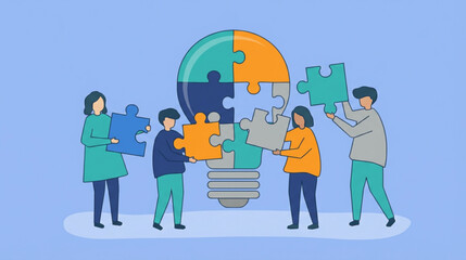 Naklejka premium Vector illustration of people building a puzzle light bulb