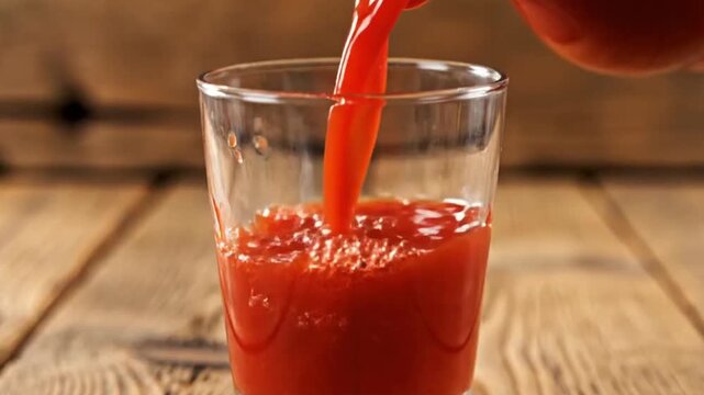 Vibrant red liquid pours into a glass, splashing against a rustic wooden background. This close-up highlights fresh movement and appealing texture. Ideal for promoting natural drinks, wellness, and wh