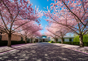 Serene boulevard with blooming cherry blossoms and clear blue sky