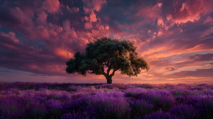 Naklejka premium Majestic solitary oak tree stands proudly in the center of an endless vibrant purple lavender field beneath a vividly colorful evening sky.