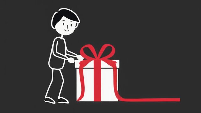 Stick figure character opening a large white gift box with a red ribbon and bow on a dark background