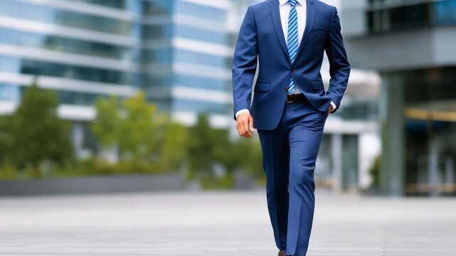 235Faceless corporate professional walking through business district, modern office buildings blurred behind, formal business suit, confident posture, workplace lifestyle, outdoor cor