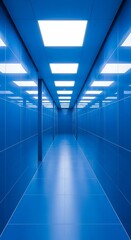 Obraz premium Symmetrical interior corridor glows with intense blue illumination and bright overhead lighting