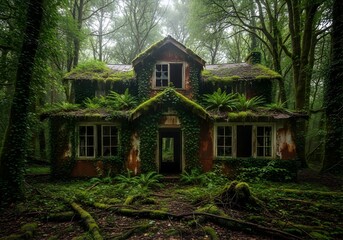 Dilapidated abandoned house being completely reclaimed by dense forest growth